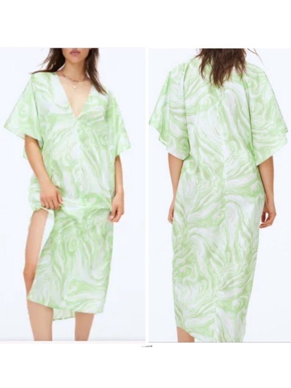 H&M WOMENS KAFTAN DRESS  GREEN MARBLED V-NECK